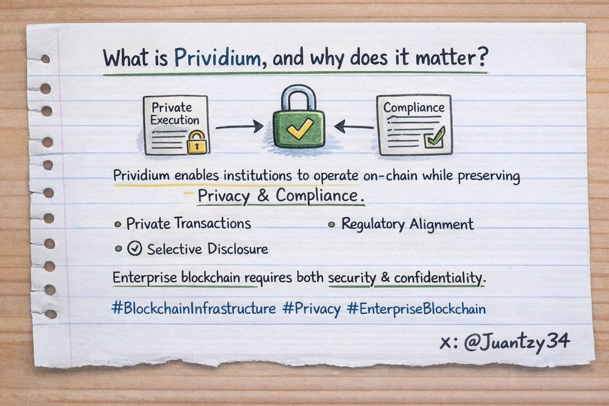 Juantzy34's tweet photo. What is Prividium, and why does it matter?

From my perspective, Prividium represents a different approach to institutional blockchain adoption one that treats privacy and compliance as core infrastructure, not trade-offs.

Instead of exposing transactional data by default, Prividium enables private execution while still preserving cryptographic verifiability. That balance is critical for enterprises that need confidentiality, regulatory alignment, and on-chain integrity at the same time.

What stands out is that privacy here isn’t about hiding activity it’s about selective disclosure, allowing institutions to operate on blockchain rails without compromising sensitive data.

I think models like this are necessary if blockchain is going to move beyond experimentation and into real-world enterprise usage.

@zksync