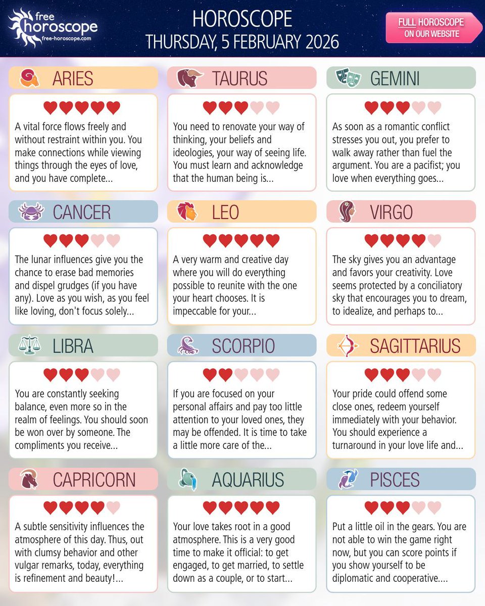 Horoscope_Free's tweet photo. Get your complete horoscope on our website here: https://t.co/FU2hEKfNzJ
Thursday 05 February 2026 luminous: the horoscope sharpens your priorities, a reassuring sign confirms your intuition and a beautiful encounter is on the horizon ✨ https://t.co/dQdTRoKMT7