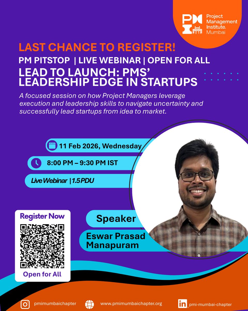 PMIMC's tweet image. ⏳ 1 days to go!
PM PITSTOP | Live Webinar
Lead to Launch: PMs’ Leadership Edge in Startups
🗓 11 Feb 2026
⏰ 8–9:30 PM IST
🎥 Live | 1.5 PDU
🔓 Open for all
Register 👉
tinyurl.com/11FEB206PITSTOP
#PMIPitstop #StartupLeadership #ProjectManagement