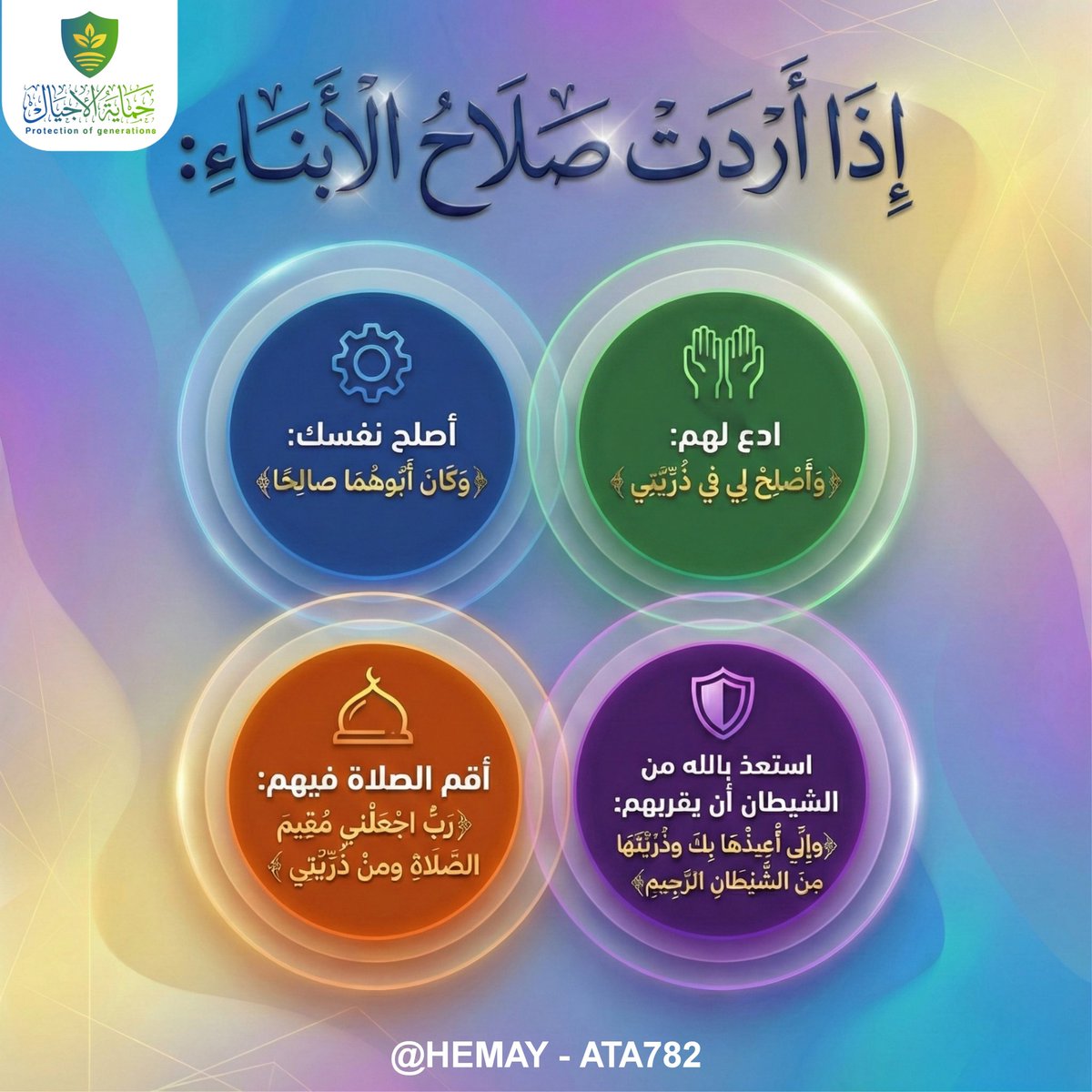 *إذا أردت صلاح الأبناء:* 

◆أصلح نفسك:
﴿وكان أَبُوهُمَا صالحا﴾ 

◆ادع لهم:
﴿وأصْلِحْ لي في ذُرِّيَّتِي ﴾ 

◆أقم الصلاة فيهم:
﴿رب اجعلني مُقِيمَ الصَّلَاةِ ومن ذُرِّيَّتِي ﴾ 

◆استعذ بالله من الشيطان أن يقربهم:
﴿وإني أُعِيذُهَا بك وذُرِّيَّتَهَا من الشَّيْطَانِ