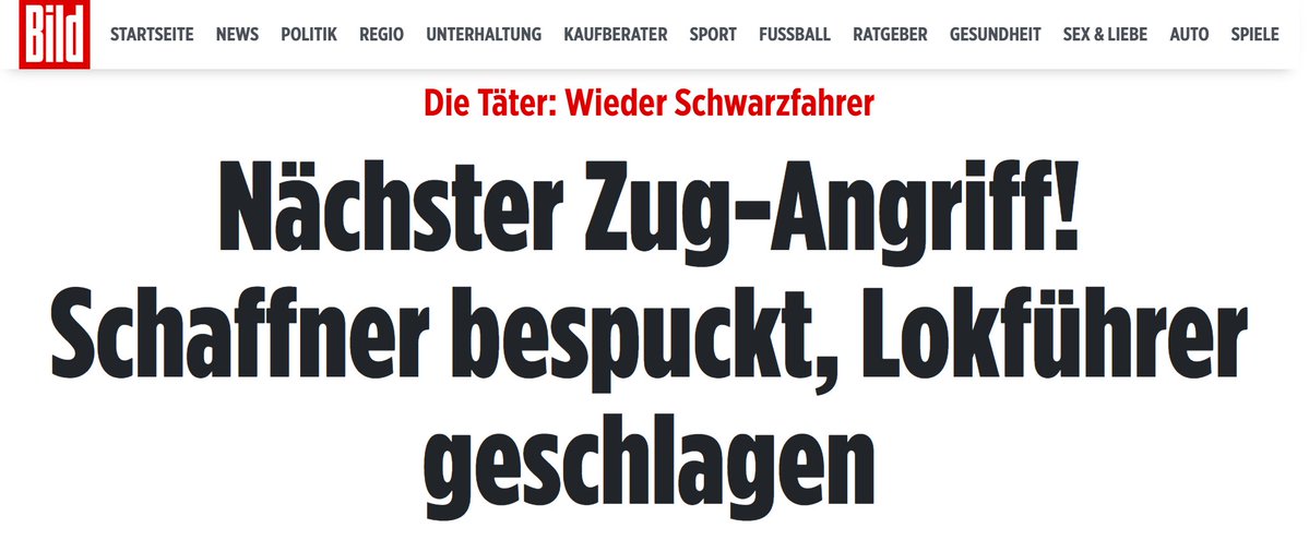 "Schaffner bespuckt, Lokführer geschlagen". Diesmal waren es zwei Ukrainer. - Und solche Leute, die bei uns angeblich Schutz vor Krieg und Verfolgung suchen, bekommen dann sogar weiterhin Bürgergeld, anstatt sofort des Landes verwiesen zu werden? Unfassbar!