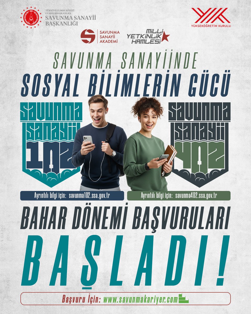 Hem Teknik Hem de Sosyal Bilimler Öğrencilerine Yönelik;
Savunma Sanayii Eğitim Programlarının Başvuruları Başladı!
Başvuru yapmak için: savunmakariyer.com
#MilliYetkinlikHamlesi <a href="/BursaTeknikUni/">Bursa Teknik Üniversitesi (BTÜ)</a>