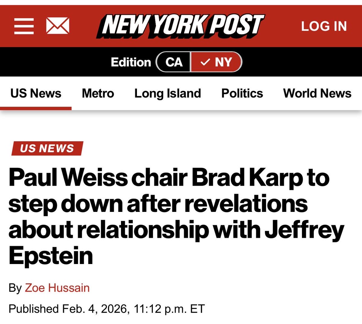kshaughnessy2's tweet image. “Paul Weiss chair Brad Karp to step down after revelations about relationship with Jeffrey Epstein”

These headlines and articles bury the part about Karp staying with the firm. 
Important distinction. 

“Karl, who was appointed chairman in 2008, will remain at the firm, where he…