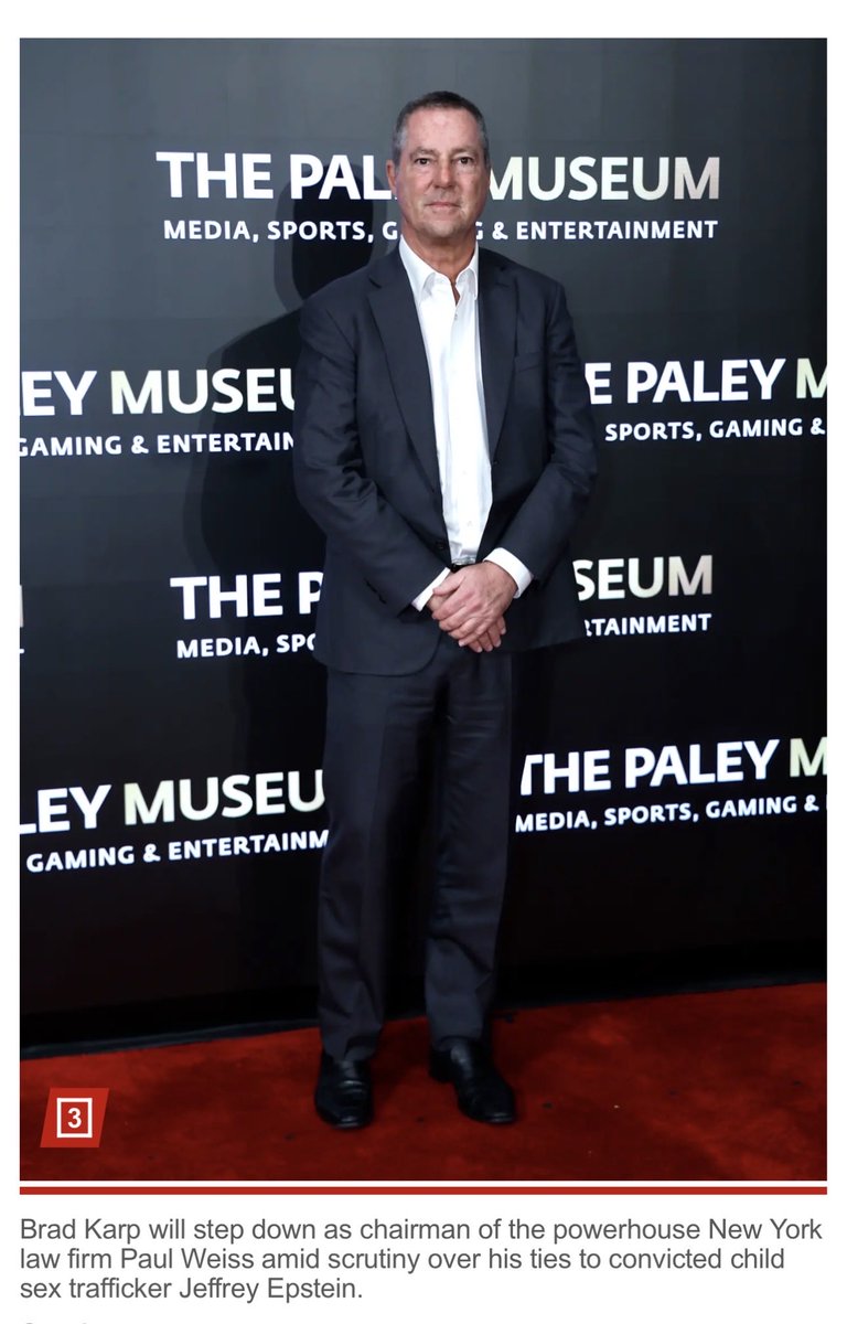 kshaughnessy2's tweet image. “Paul Weiss chair Brad Karp to step down after revelations about relationship with Jeffrey Epstein”

These headlines and articles bury the part about Karp staying with the firm. 
Important distinction. 

“Karl, who was appointed chairman in 2008, will remain at the firm, where he…