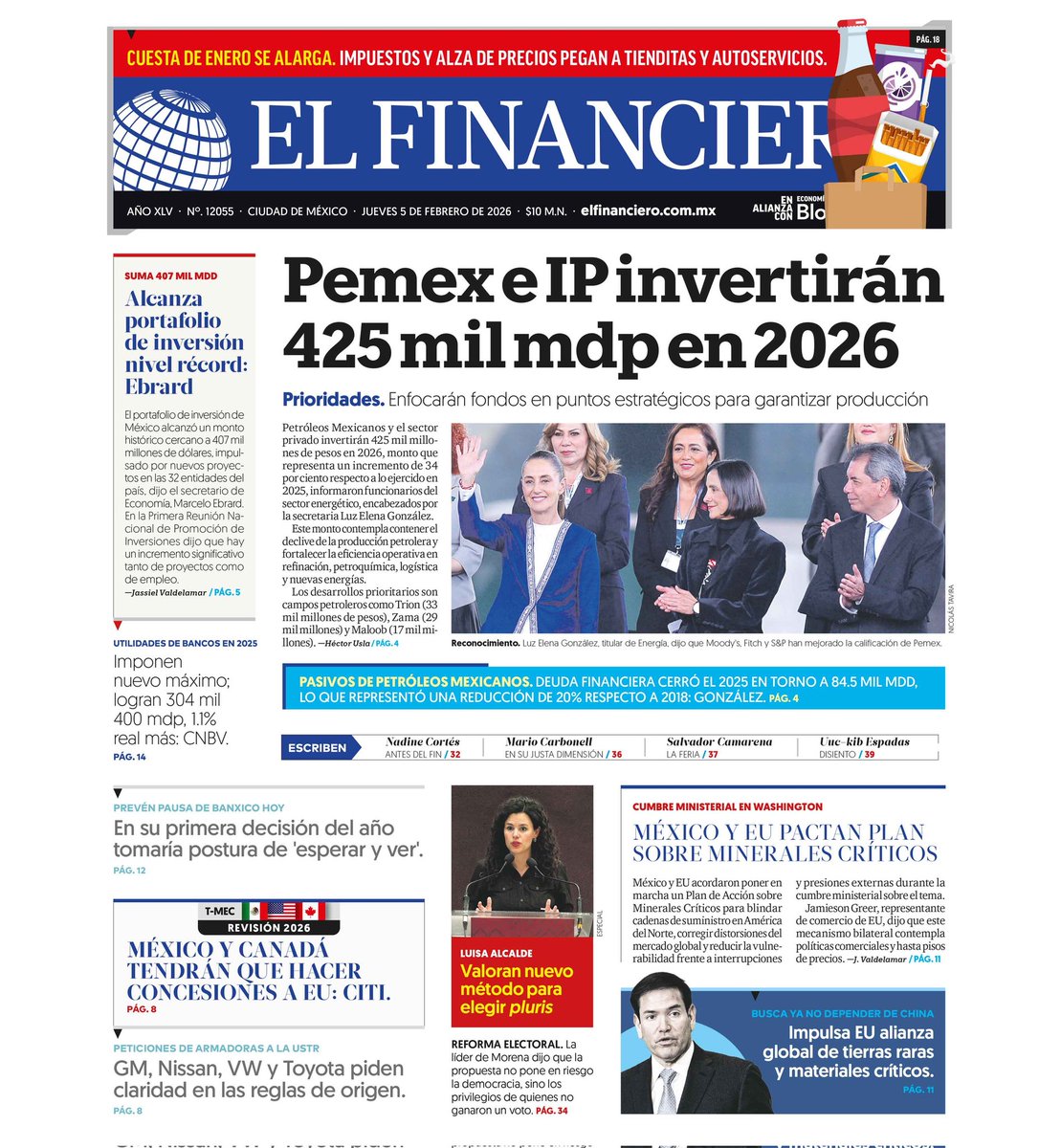 En la principal de <a href="/ElFinanciero_Mx/">El Financiero</a> de este jueves 👇🏼
📍Pemex e IP invertirán 425 mil mdp en 2026
📍Alcanza portafolio de inversión nivel récord: Ebrard
📍 México y EU pactan plan sobre minerales críticos