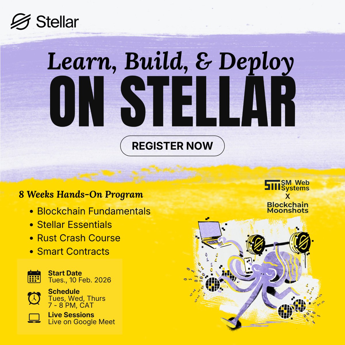 smwebsystems's tweet photo. Blockchain is now a build skill, not a talking point.

An 8 week live program is teaching beginners how to build smart contracts on Stellar using Rust.

You learn fundamentals, write code, and deploy real contracts. https://t.co/keX2dOQZXv