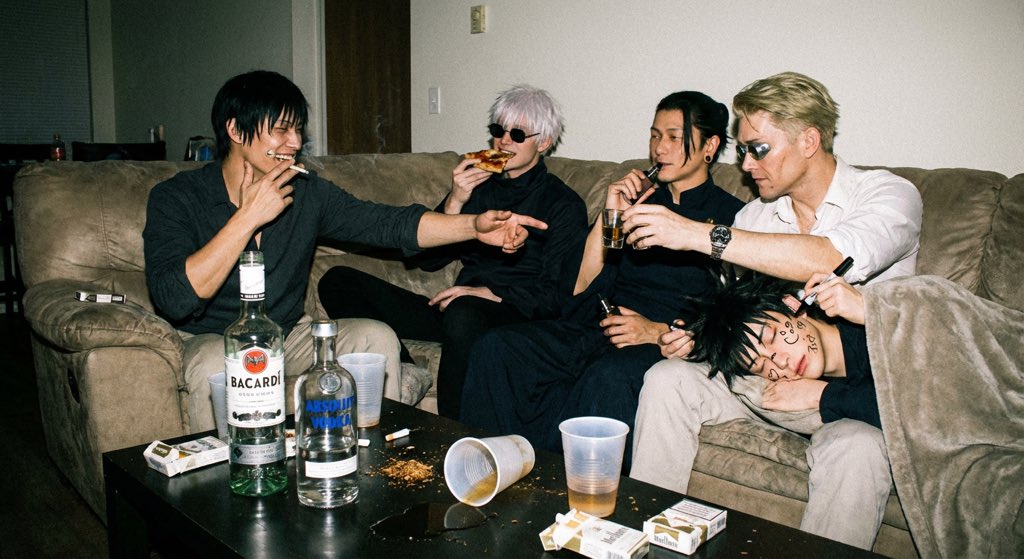 FireGoku_'s tweet photo. JJK men party vibes 💀🔥
Curses by day, chaos by night 🍕🥃

ps: made with @SocialSight AI https://t.co/8TN41A1qEH