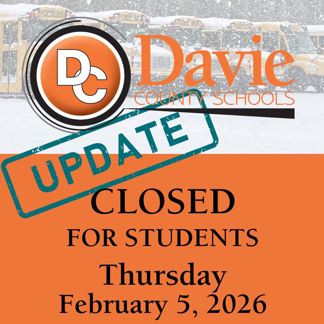 DavieCountySch's tweet photo. Now closed for students, Thurs. Feb 5th. Staff, optional workday on a 2-hour delay. https://t.co/OjBMi759ty
