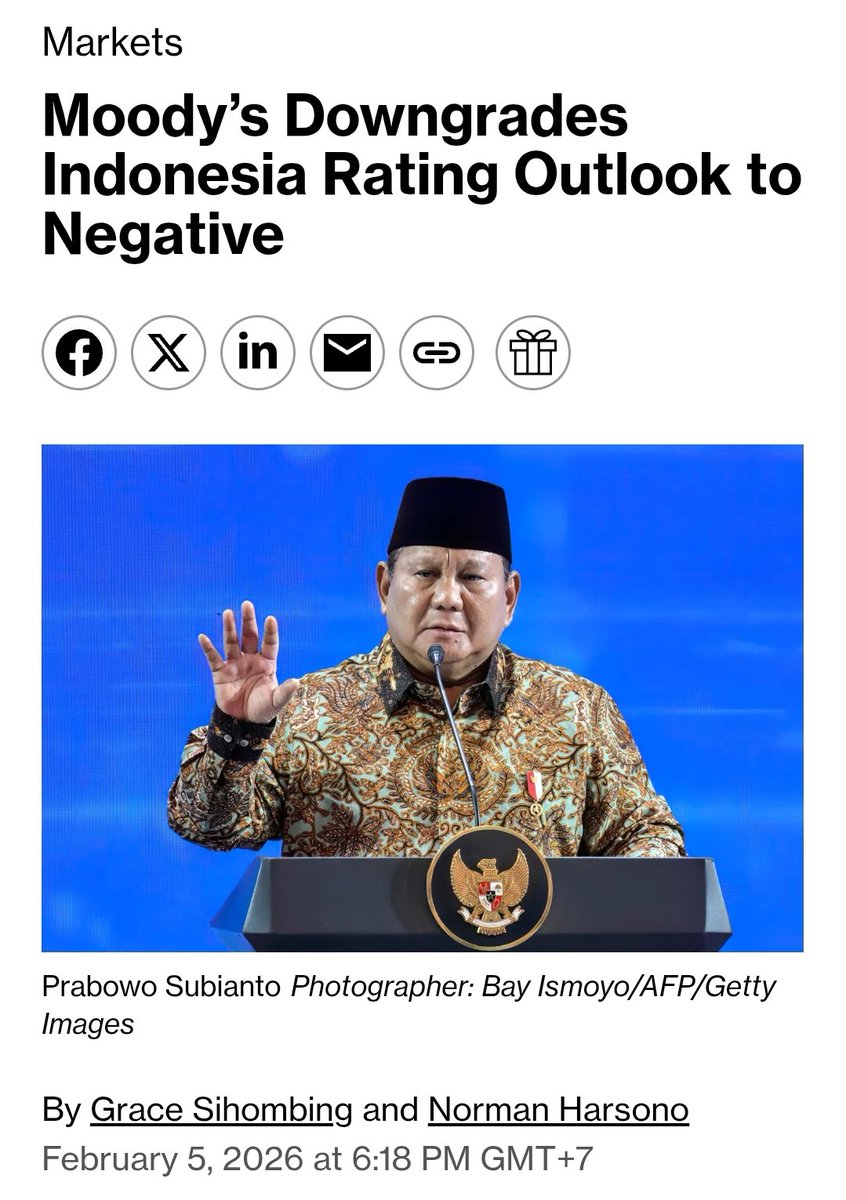 desmondwira's tweet photo. Berita jelek lagi untuk pasar saham Indonesia

Lembaga pemeringkat Moody's Ratings menurunkan outlook peringkat Indonesia menjadi negatif dari sebelumnya stabil. Namun, Moody's mempertahankan rating Indonesia di level Baa2.

Sumber: https://t.co/fVsb7PxC58 https://t.co/AY4MtVsBab