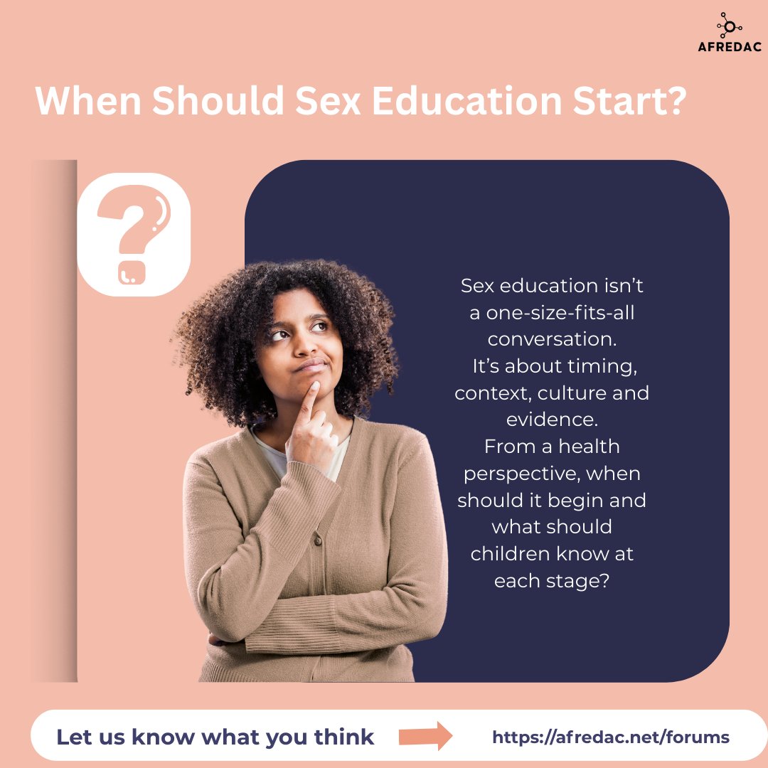 When should sex education begin, from a health perspective?

This discussion is open on the Afredac Ubuntu Platform Discussion Forum and we want input from health practitioners, researchers and educators.

Share your thoughts: afredac.net/forums/discuss…

#Afredac #Discussion
