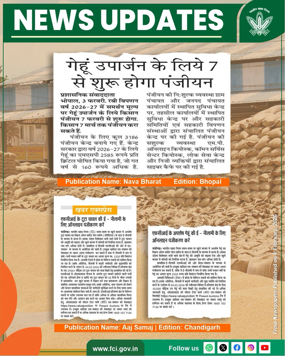 देश की खाद्य सुरक्षा को मज़बूती, किसानों को सशक्त बनाने और पारदर्शी व्यवस्था को आगे बढ़ाने के लिए एफ.सी.आई. के सतत प्रयास।
हर कदम राष्ट्रहित और जनहित की दिशा में।

#FoodSecurity #FCI #NewsUpdate #राष्ट्रीय_हित #अनाज_सुरक्षा