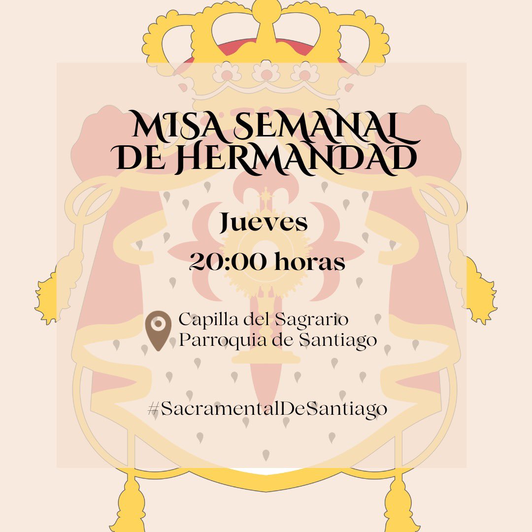 📣 Como todos los jueves, nos reuniremos en torno a la Mesa de Altar para celebrar la Misa semanal de Hermandad.
🗓 Hoy, jueves 5 de febrero 
🕢 20:00 horas
⛪ Parroquia de Santiago el Real y de Refugio

Alabado sea el Santísimo Sacramento del Altar.