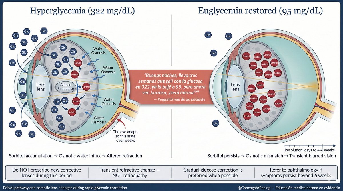 ChocogatoRacing's tweet image. 👁️ "Doctor, la insulina me está dejando ciego"
Esta frase es peligrosa porque lleva a pacientes a suspender su tratamiento.
Pregunta real de un paciente:
"Buenas noches, llevo tres semanas que salí con la glucosa en 322, ya la bajé a 95, pero ahora veo borroso, ¿será normal?"
Sí,…
