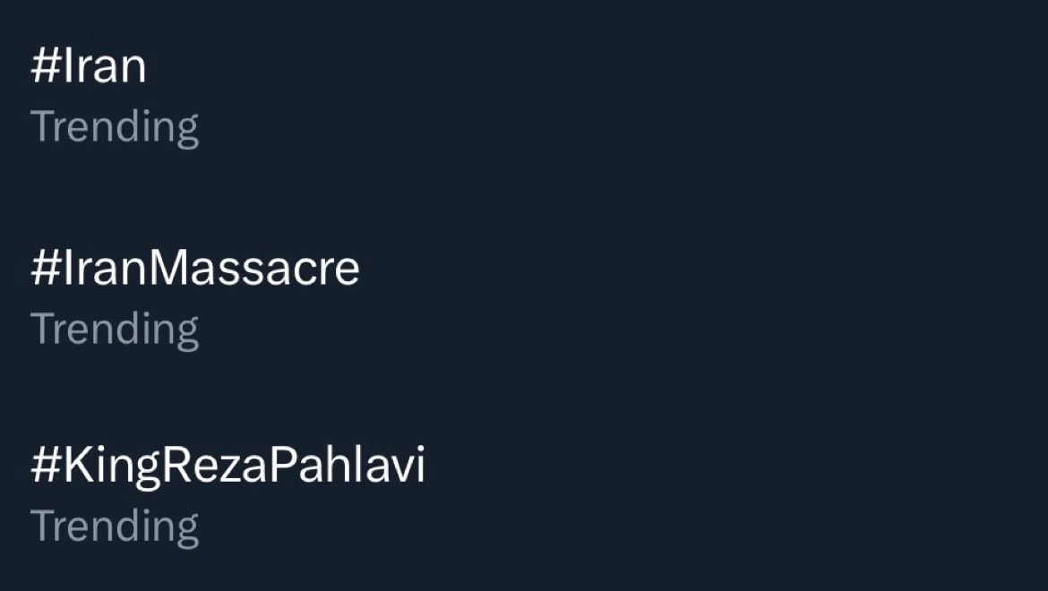 سه هشتگی که نباید هیچ‌وقت از ترندینگ بیوفته!

تا می‌تونید این سه هشتگ رو بزنید!  
#Iran  
#IranMassacre  
#KingRezaPahlavi
