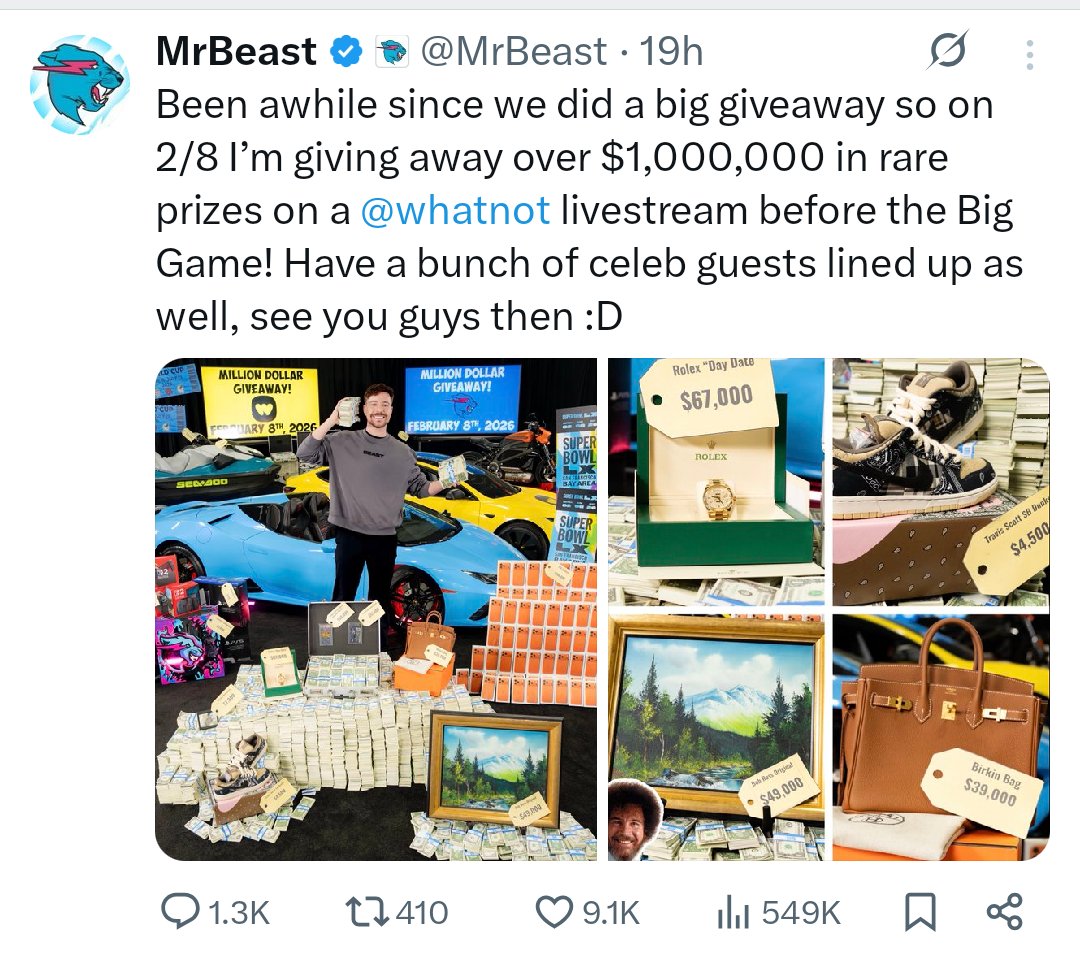 Sunday at 1pm EST <a href="/MrBeast/">MrBeast</a> is giving away crazy good prizes on <a href="/Whatnot/">Whatnot</a> 
Get the app to win:
whatnot.com/invite/electri…