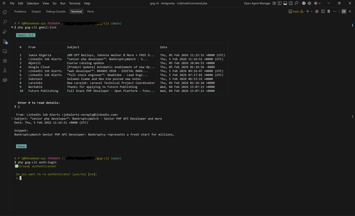 starmandev's tweet photo. Side project: gog-cli — Google services in your terminal 🤯
View your emails right from the CLI.
Built with @LaravelZero  + Laravel Prompts — beautiful, user-friendly forms for the command line.

https://t.co/oUPfqyD99u https://t.co/3bV79oPyau