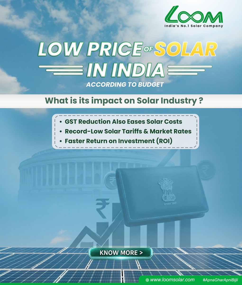 Solar power is more affordable than ever in India 🇮🇳
Lower costs • Better tariffs • Faster ROI
Switch to solar with Loom Solar and start saving on your electricity bills while going green.

🌐 loomsolar.com | 8750778800

#LoomSolar #PMSuryaGharYojana #RooftopSolar