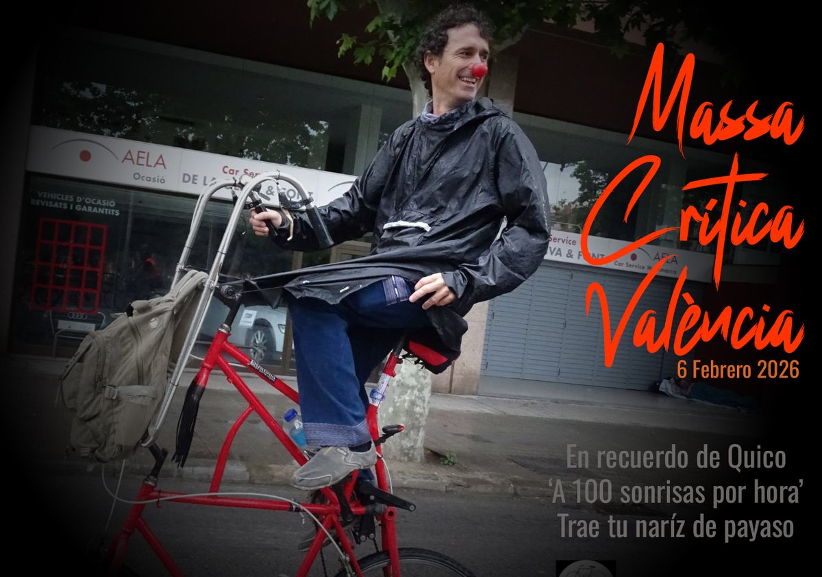 Massacriticavlc's tweet photo. El primer viernes de mes llega la Massa Crítica a inundar de bicis y alegría la ciudad.

Y en la de febrero con un recuerdo muy especial a Quico, trae tu nariz de payaso 🤡. A las 19:30 se le hará un homenaje antes de la salida.

📍Plaza de la Virgen
⏰ 6/2 19:30
🧭 @criticalmaps https://t.co/bhKhYrCeJ7