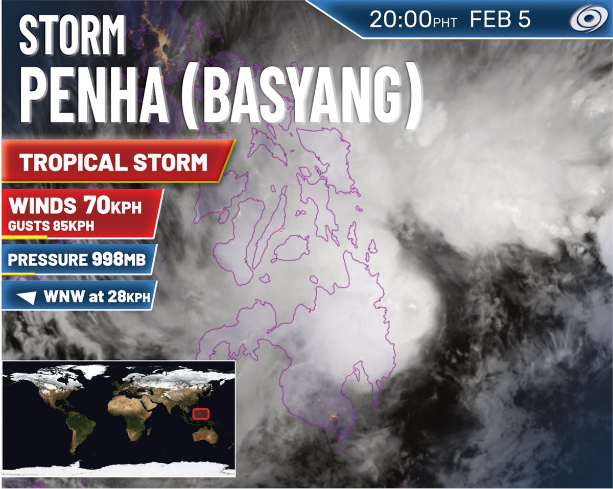 Tropical Storm Penha #BasyangPH making landfall shortly in Surigao del Sur, Philippines. The storm is expected to drop torrential rains, especially near its central core, affecting Mindanao and most of the Visayas region.