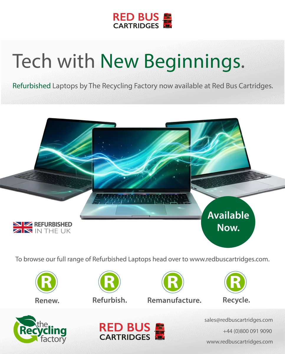 RedBusCartridge's tweet photo. Our Refurbished Laptop Collection is now live on our website 💻

Shop the full range including models from HP, Dell and Lenovo today over at https://t.co/AeyYN2LZDq 🚀

Fully tested, certified, and built to perform ♻️

#RedBusCartridges #refurbishedlaptops #newbegginings https://t.co/gGoBtGq9bq