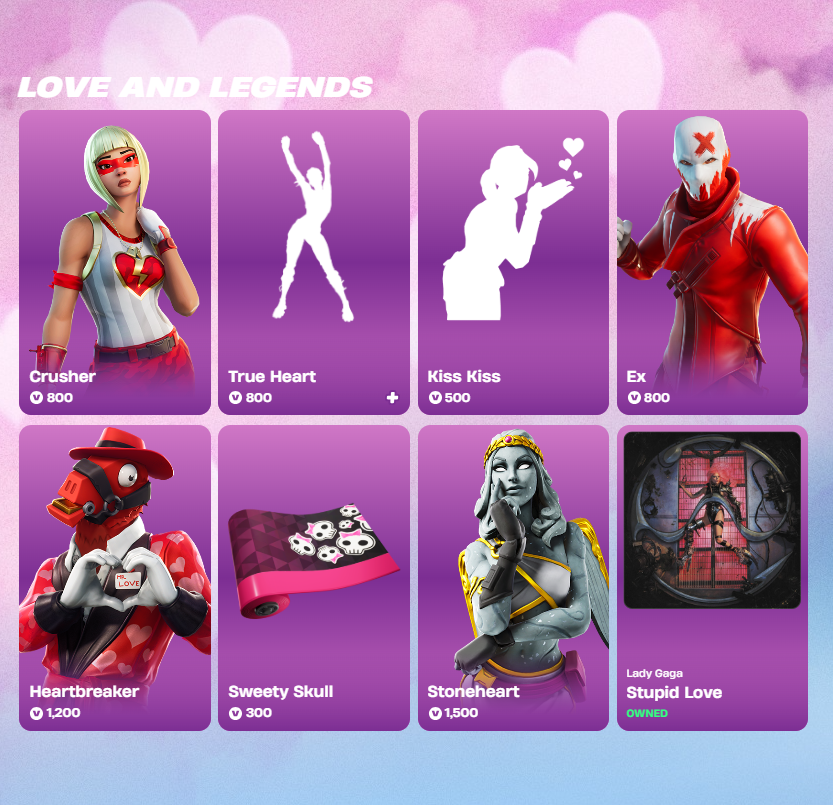 EmoJoshy1's tweet photo. Lady Gaga's "Stupid Love" is being used as the main jam track for the 'Love and Legends' tab on the Fortnite Shop which celebrates Valentine's Day!

We want a new Gaga skin so bad. https://t.co/Udo2Omvlgn