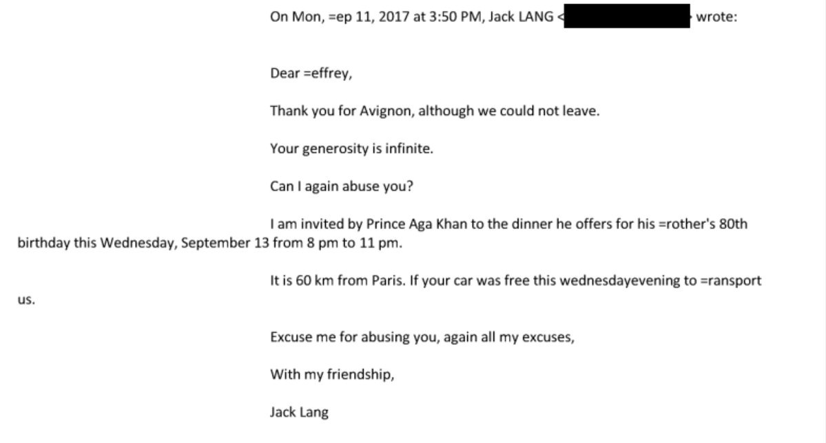 Devillepinpaul's tweet image. "Your generosity is infinite". 

Non content d’avoir obtenu un don de 57 000 $ d’Epstein pour financer un prétendu film — comme POLITICO l’avait révélé en 2020 — Jack Lang ne se privait pas de lui demander des faveurs en tout genre. 👇politico.eu/article/french…