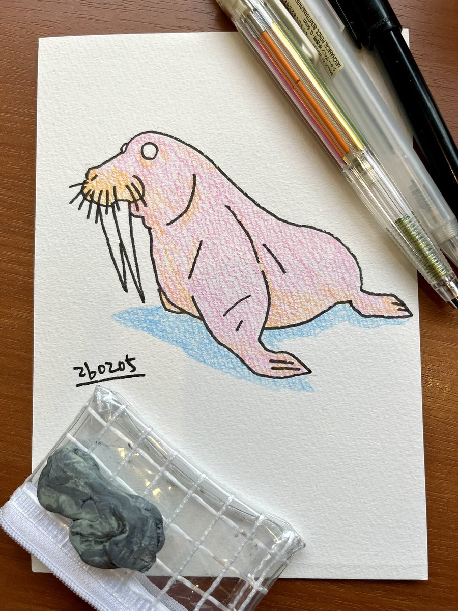 takeyou63's tweet photo. 昼休みの落書き。ウォルラスくん（仮称）。アートマルチ8手軽で楽しい。ただオレンジ色の芯を途中で折ってしまって再格納してるんだけど、たまにペン軸の変な部分に入り込んでちょい面倒。
#文房具 #ペンてる #アートマルチ8 #落書き https://t.co/EuugINCLqb