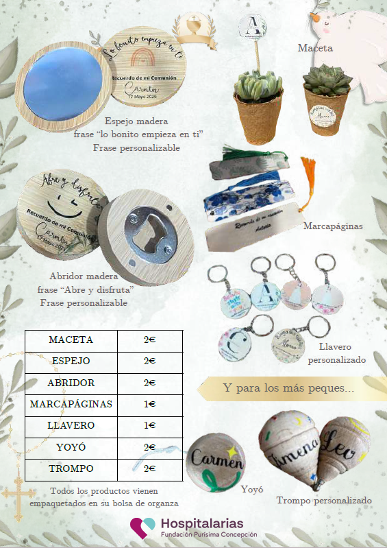Detalles de comunión con sentido 🌿
Regalos sostenibles, personalizables y con impacto social.
👉 Catálogo Comuniones ECO 2026
 hospitalariaspurisima.org/wp-content/upl…

#Comunión #DetallesDeComunión #EconomíaCircular #Inclusión #ContigoHacemosPosibleLoQueImporta