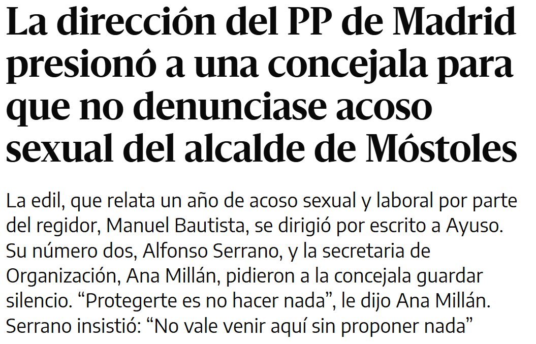 <a href="/IdiazAyuso/">Isabel Díaz Ayuso</a> Bastante mal tirado este tuit, hermana. Que justo una concejala vuestra acaba de contar literalmente como la presionasteis para que no denunciase al alcalde de Móstoles.