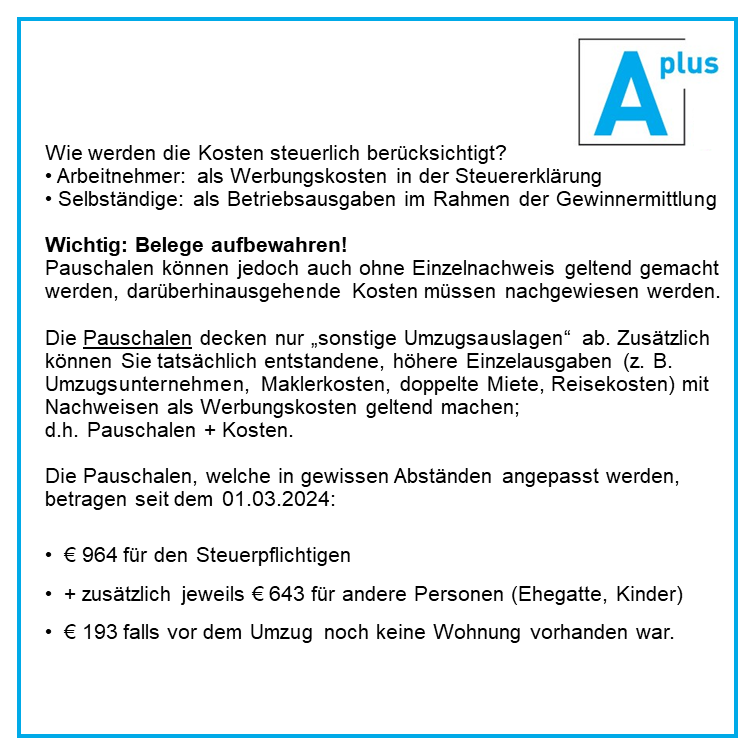 aplus_berater's tweet photo. Unser Tipp des Monats für Sie zum Thema "Umzugskosten":

Ein Umzug kann steuerlich absetzbar sein – wenn er beruflich veranlasst ist. Das #Finanzamt erkennt #Umzugskosten an, wenn der Wohnungswechsel objektiv durch den Beruf begründet ist.

https://t.co/MHkF5giRdY https://t.co/HcNaILrpyN