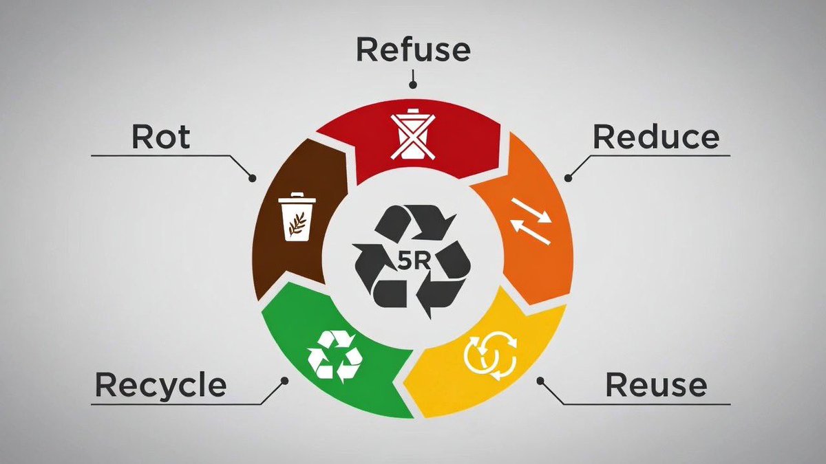 🚨مصطلحات ومعلومات حول النفايات: قاعدة الـ 5R

هذا المبدأ، الذي شاع بفضل بيا جونسون (Béa Johnson)، ليس مجرد نصائح عابرة، بل هو تسلسل هرمي للأولويات يهدف إلى تقليل النفايات من المصدر:
    ⬅️ الرفض (Refuse): قل لا لما لا تحتاجه (الأكياس البلاستيكية، العينات المجانية، الإعلانات