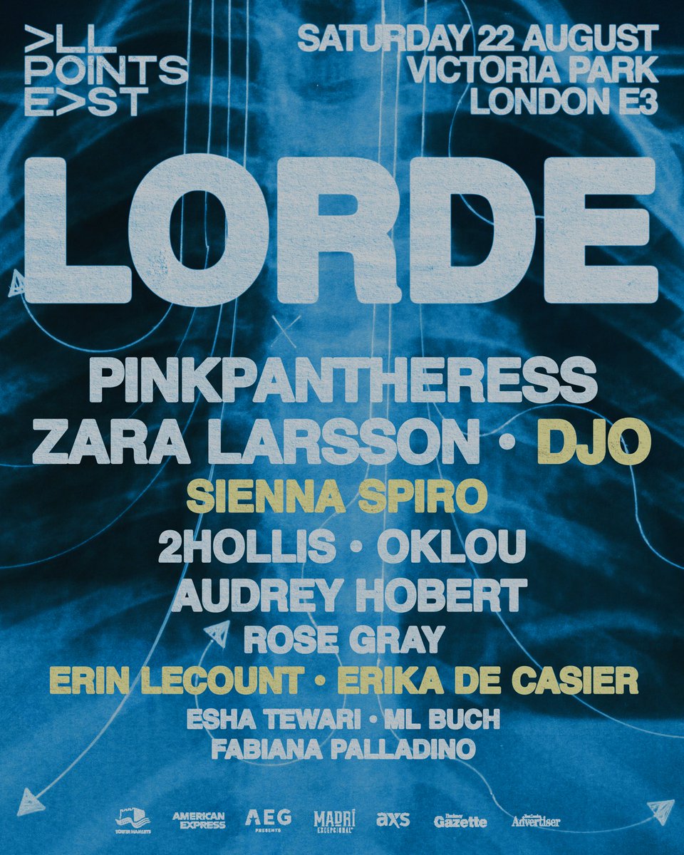 PopCrave's tweet image. Djo, Sienna Spiro, Erin LeCount and Erika De Casier have been announced as performers at Lorde’s headlining set at All Points East festival in London this August.

They join previously announced acts PinkPantheress, Zara Larsson, 2hollis, Oklou and more.