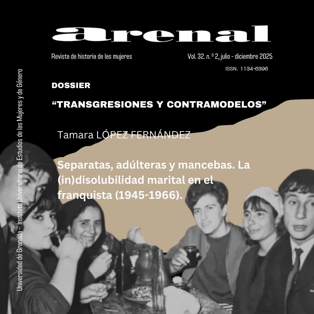 ArenalRevista's tweet photo. Presentamos el trabajo de Tamara López (USC), publicado en el último número de Arenal (vol. 32, núm. 2, 2025), que, a través del análisis de la documentación judicial y de los expedientes, arroja luz sobre las mujeres que optaron por disolver sus matrimonios durante el franquismo https://t.co/cKjboeoCCG