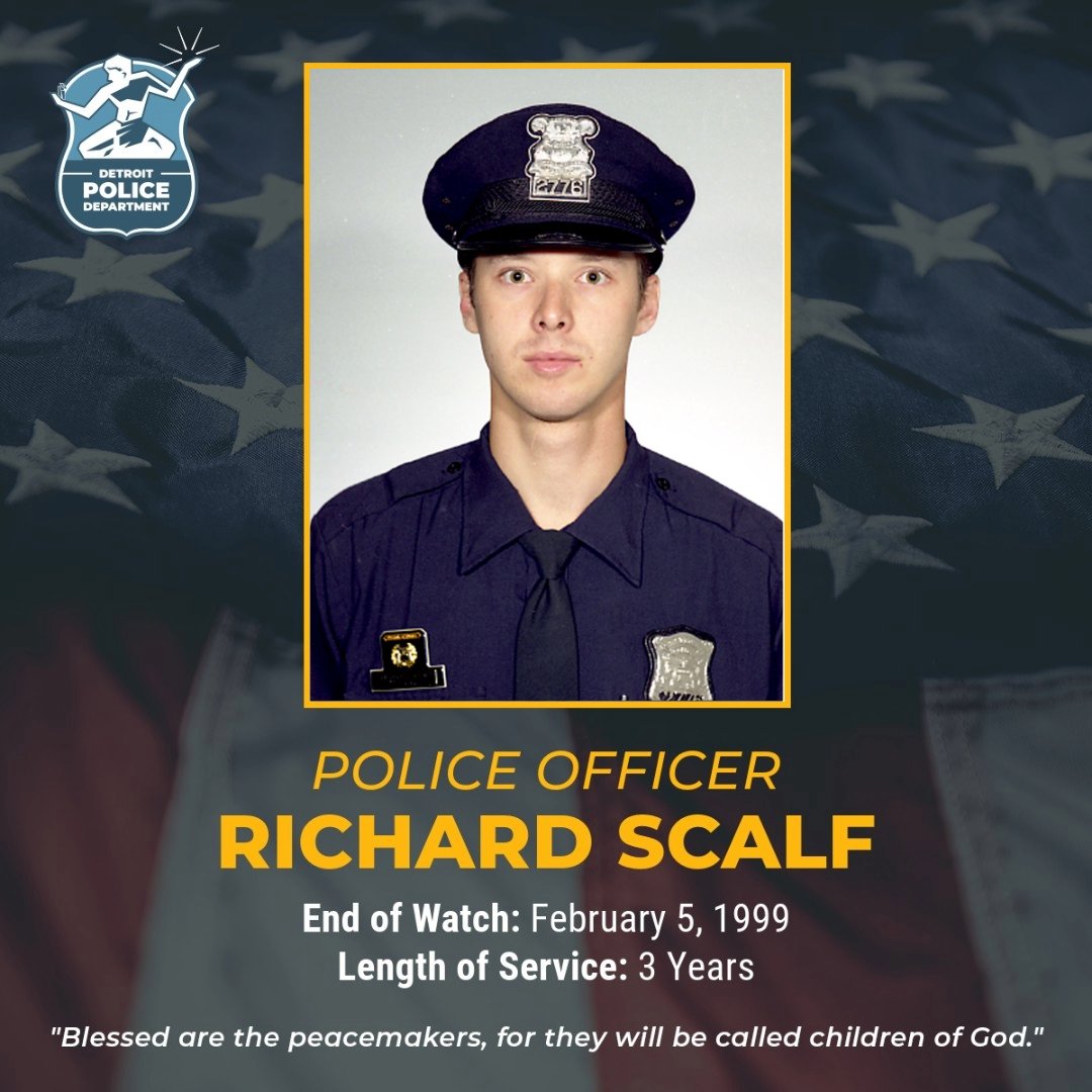 detroitpolice's tweet image. Today we remember Police Officer Richard Scalf, who died February 5, 1999, after suffering gunshot wounds while in the line of duty.

Officer Scalf served with the Detroit Police Department for three years. We will never forget his ultimate sacrifice. #NeverForgotten