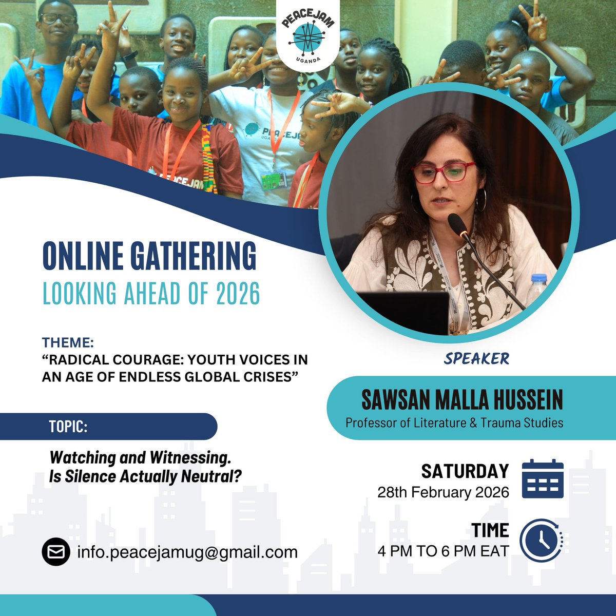PeaceJamUganda's tweet photo. Can we afford to stay silent? 🤐✋

Professor Sawsan Malla Hussein (Prof. of Literature &amp; Trauma Studies) joins @PeaceJamUganda to discuss: "Watching and Witnessing. Is Silence Actually Neutral?"

💻 Platform (Zoom) &amp; Register Here: https://t.co/r3wdBXxZef https://t.co/Gcq5kwNDzP