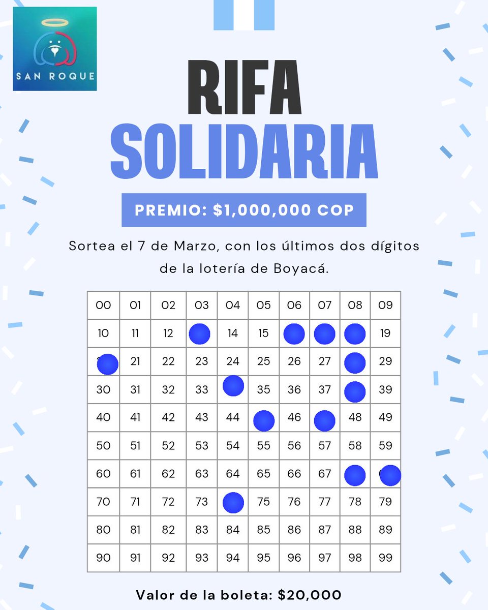 🎟️ RIFA SOLIDARIA – FUNDACIÓN SAN ROQUE 🐾💙

Participa en nuestra rifa solidaria y ayúdanos a seguir salvando vidas.
Todo lo recaudado será destinado al cuidado, alimentación y atención veterinaria de nuestros rescatados.

🏆 Premio: $1.000.000 COP
📅 Fecha del sorteo: 7 de
