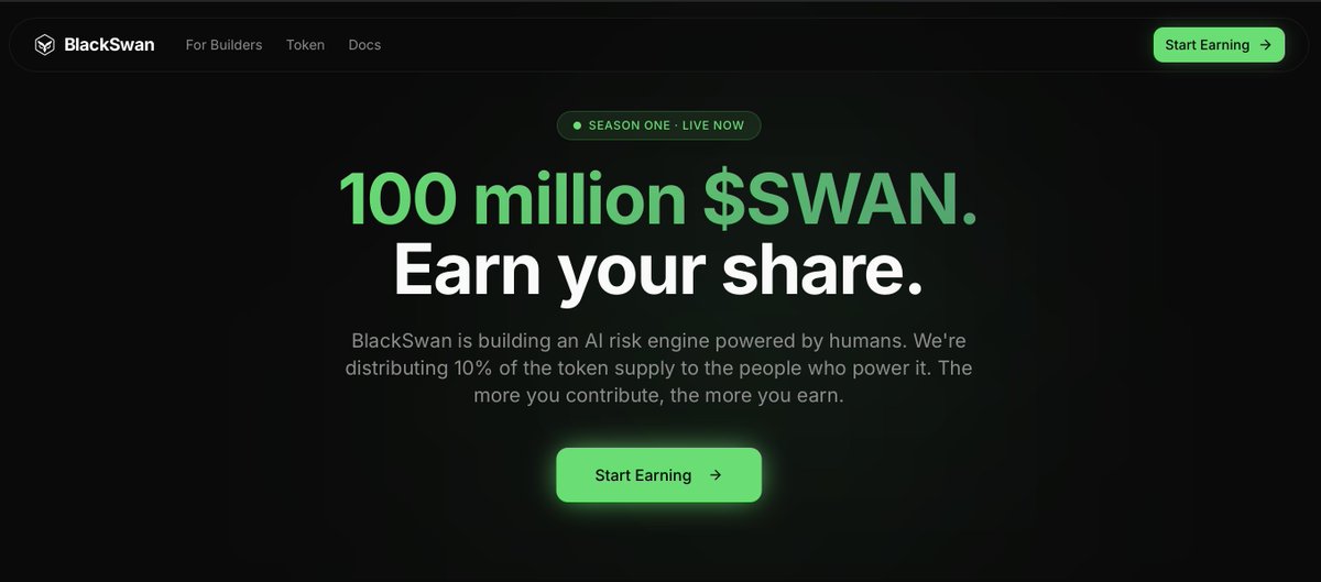 Ai needs you 🫵

Most points programs suck. 
We know. We've ran dozens in crypto and web2. 

They lead to lots of hype. 
And unfufliled hope. 

So we are building BlackSwan differently. 

Token launched. 
Lock to earn. 
10,000 spots only.

Demand for the data. 
Flywheel already