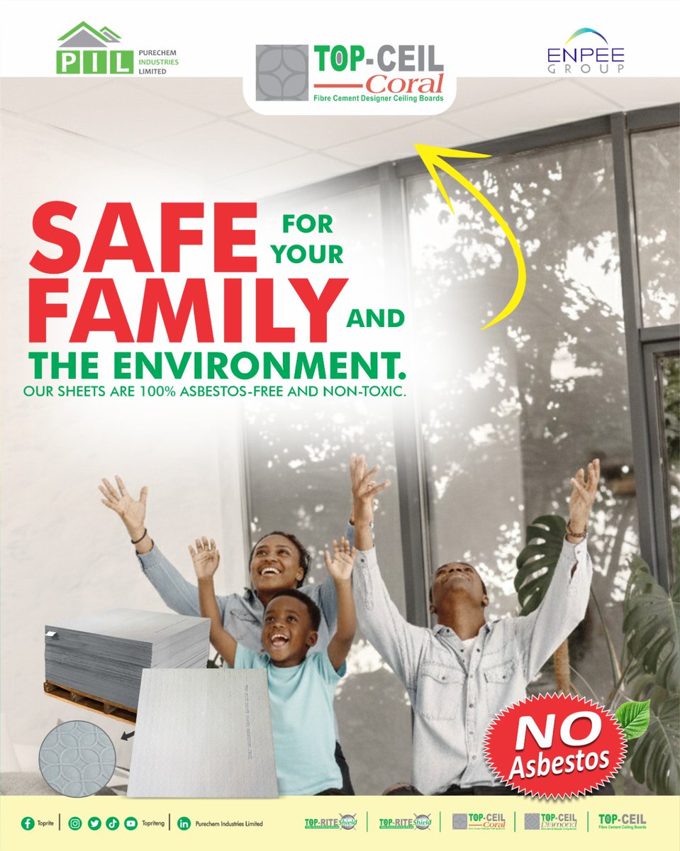 Topriteng's tweet photo. Safety starts from the top down. π
TOP-CEIL Coral designer boards are 100% asbestos-free and non-toxic, protecting your family and the planet. Beautiful ceilings without the compromise. πβ¨
#EcoFriendly #HomeSafety #Construction #Purechem #TopCeil #Nigeria #Nigerians https://t.co/BoSAqfela0