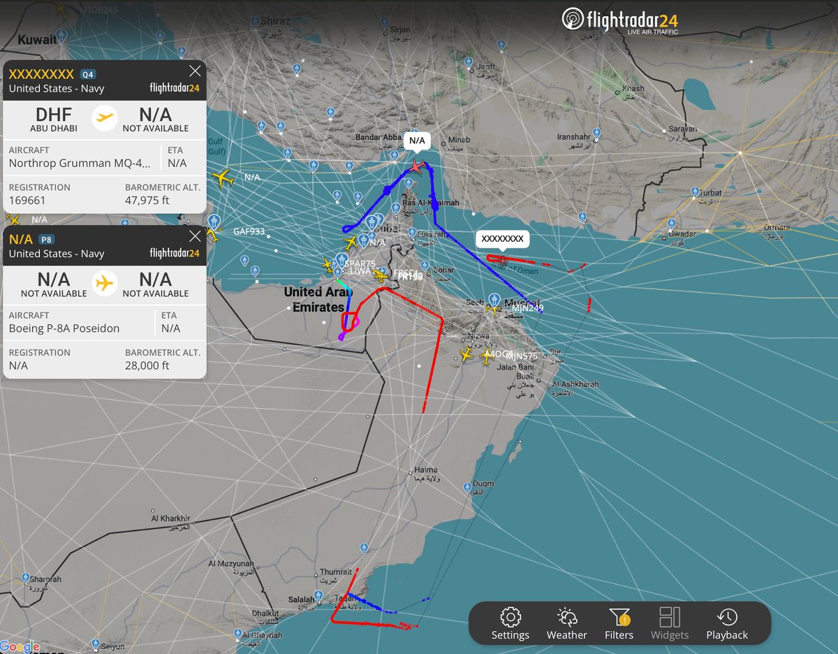 hey_itsmyturn's tweet image. Another day and another combo of #USN🇺🇸 P-8A Poseidon (AE6783) and MQ-4C Triton (169661 | AE7814) flying over the Persian Gulf, Strait of Hormuz and Golf of Oman. 
#ISR #AsUW