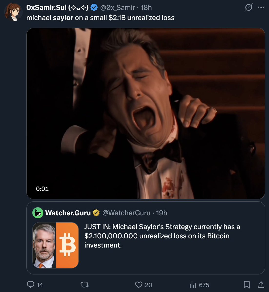 Nikdevvvv's tweet image. JUST IN: Michael Saylor's Strategy currently has a $2,100,000,000 unrealized loss on its Bitcoin investment.

x.com/WatcherGuru/st…