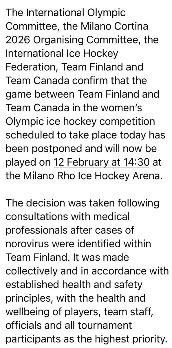 Tämän illan naisten Suomi-Kanada SIIRRETTY pelattavaksi 12.2. Suomen joukkueessa todettujen norovirustapausten vuoksi. #olympialaiset #mico2026