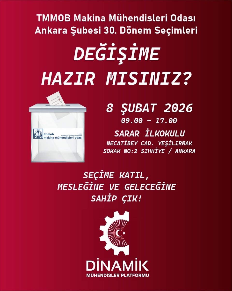 ⚙️Makina Mühendisleri Odası

✅İstanbul Şubesi 
8 Şubat 2026 Pazar
Beyaz Mühendisler 🗳️ 

✅Ankara Şubesi   
8 Şubat 2026 Pazar
Dinamik Mühendisler Platformu 🗳️ 

Makina Mühendisi olarak her seçimde oyumu kullanıyorum.

Ziyaretimize gelen Dinamik Mühendisler Platformu üyelerine