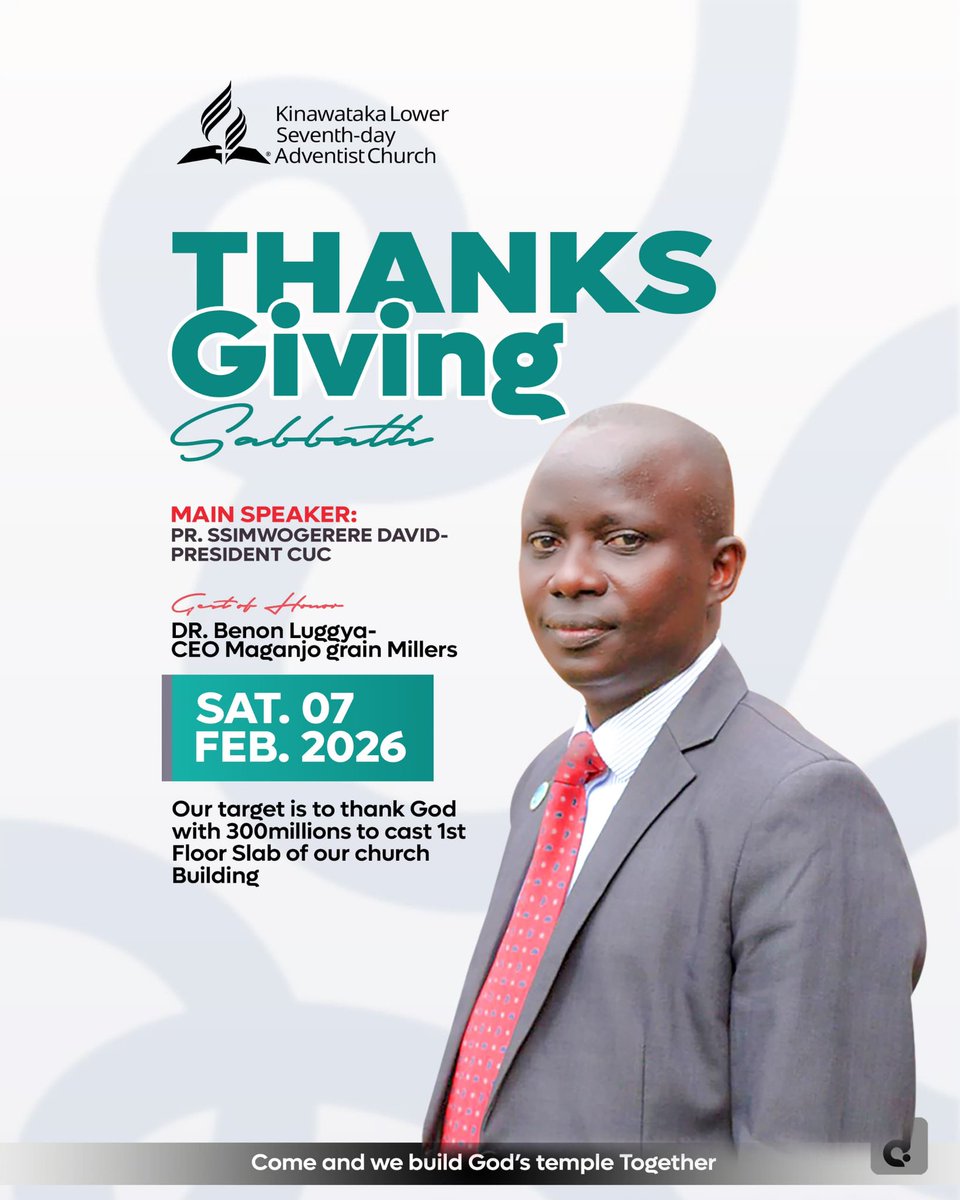 CUCAdventist's tweet image. Our conference President Pr David Simwogerere will lead the thanksgiving Sabbath ceremony geared to raising 300M to cast the 1st floor slab of Kinawataka Adventist Church
