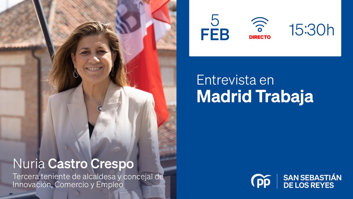 📡 A las 15:30h, la tercera teniente de alcaldesa y concejal de Innovación, Comercio y Empleo <a href="/nuriacastroc/">Nuria Castro</a> será entrevistada en "Madrid Trabaja", de <a href="/ondamadrid/">Onda Madrid</a>.

Síguelo #EnDirecto ⤵️

telemadrid.es/emision-en-dir…

¡Te lo contamos! 😉