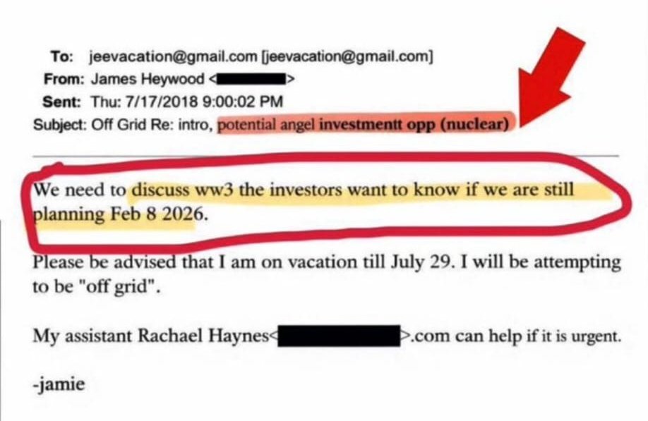 "Necesitamos discutir sobre la tercera Guerra mundial, los inversionistas quieren saber si todavía sigue en marcha el plan para el 8 de Febrero, 2026". 🔥

#EpsteinFiles