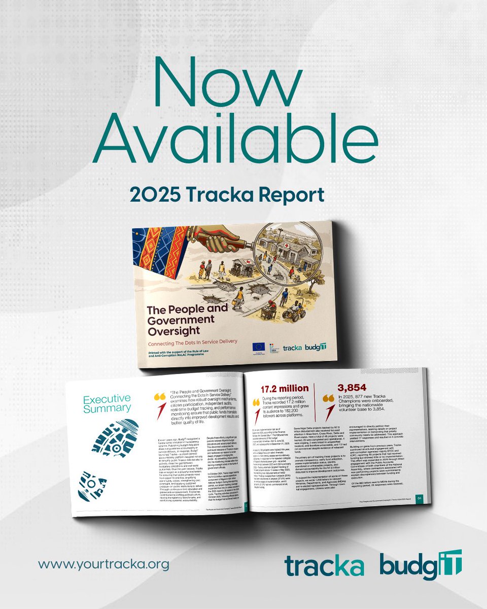 TrackaNG's tweet photo. ✨ It’s finally here! ✨

We’re excited to launch the 2024/2025 Tracka Report: The People and Government Oversight: Connecting The Dots in Service Delivery.

This report examines how citizens and government can connect to improve service delivery across Nigeria.

This report is designed to spark insightful conversations, evidence-based advocacy, and stronger collaboration between citizens, CSOs, and government institutions.

 Explore the data. Use the insights. Strengthen accountability. 
Visit  https://t.co/I2JL8eByF7 to download a copy!🚀

#TrackaReportLaunch