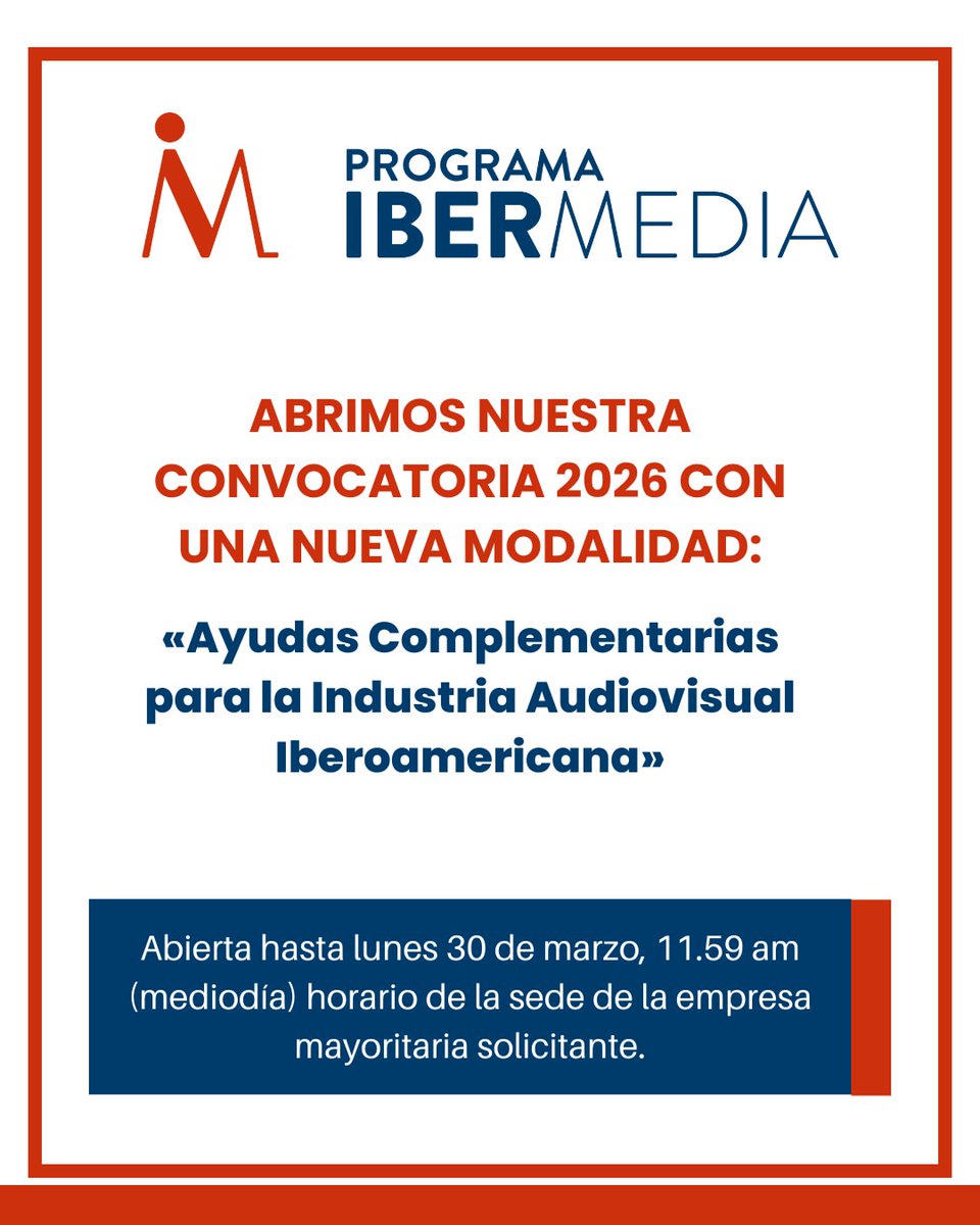 AMA_audiovisual's tweet image. 📢 Abierta la #convocatoria del Programa @ibermedia  2026 para cineastas y  profesionales audiovisuales de toda América Latina, España y Portugal. 

Nueva línea de apoyo para iniciativas innovadoras y de alto impacto en la industria #audiovisual iberoamericana. 

6 modalidades