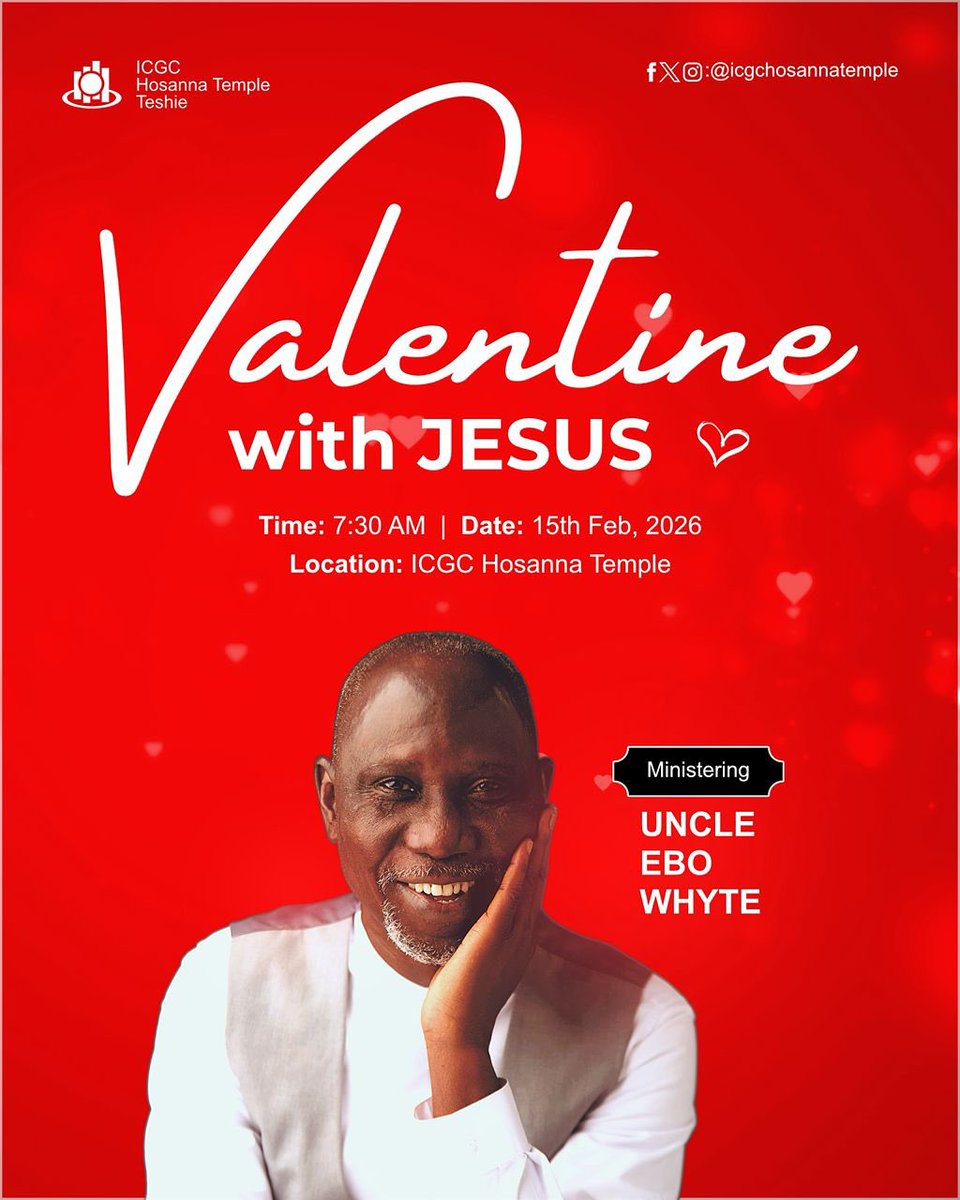 This Valentine season, celebrate love, faith, and family with us ❤️
Join us for a Special Sunday Service with <a href="/UncleEboWhyte/">James Ebo Whyte</a> 
🗓 Sunday, 15th February
🕢 7:30 AM
Come with a loved one. Leave refreshed and inspired.