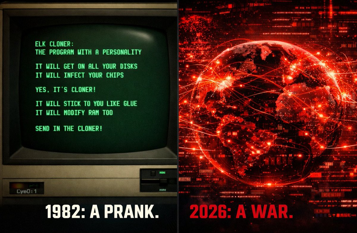 SGT_Intel's tweet photo. On this day in 1982, a 15-year-old wrote "Elk Cloner" the first computer virus found in the wild. 

It was a prank that put a poem on Apple II screens. Today, ransomware shuts down power grids.

Digital innocence is just a waiting vulnerability. https://t.co/iw6u66y9tW