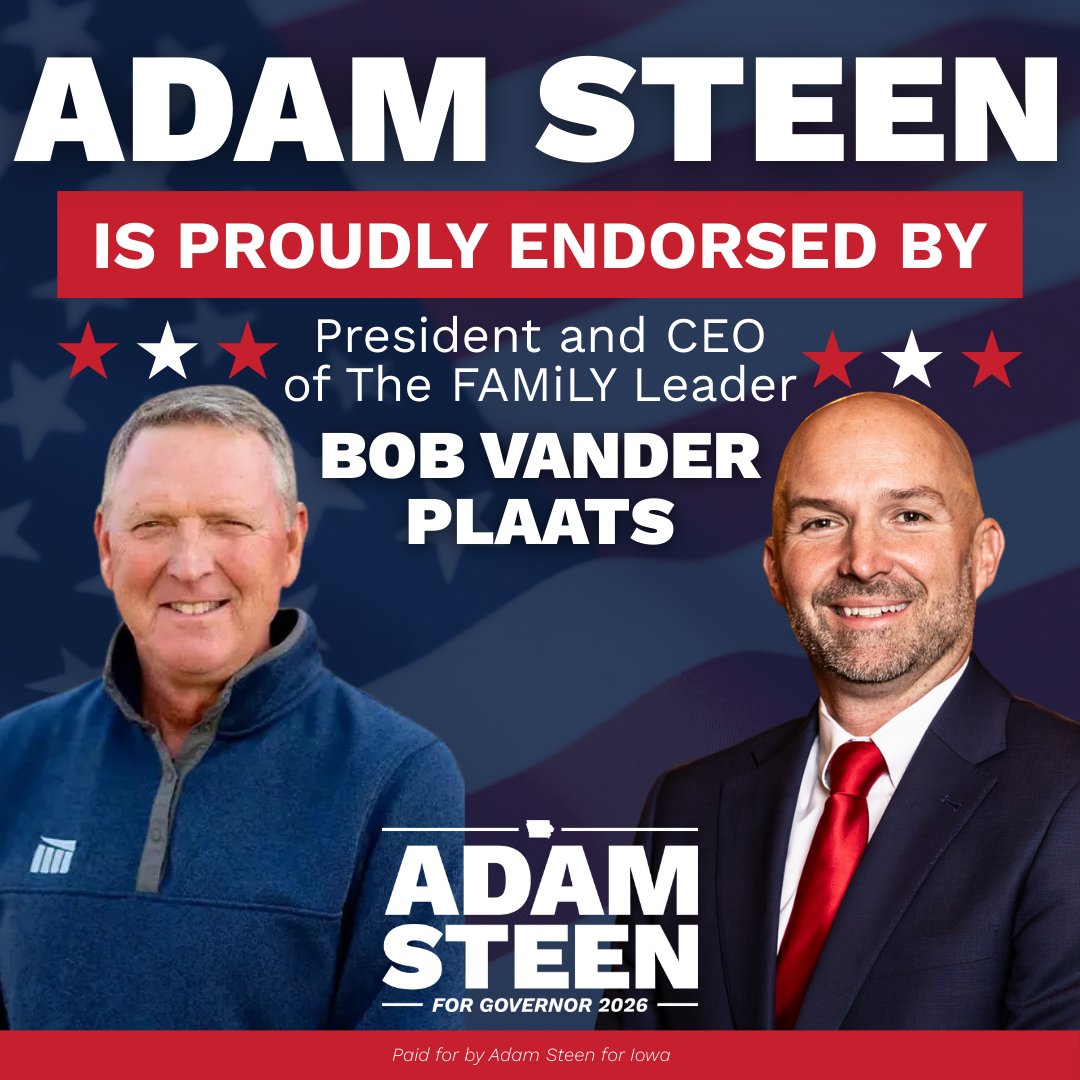 adamsteen's tweet photo. I am honored to have the endorsement of Bob Vander Plaats!

“Adam Steen is the kind of leader Iowa needs right now,” said Vander Plaats. “He is the candidate most ready to govern, has the worldview I’m looking for, and offers us the best chance to excite voters to save Iowa from Rob Sand in November. He is a man of faith, a proven businessman, and a bold conservative who understands what is at stake for families, churches, and our state. I am proud to stand with him and encourage Iowans across the state to join this movement to Keep Iowa Free.”